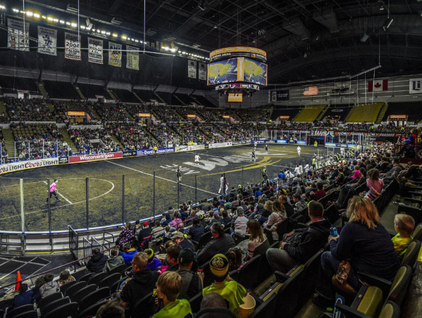 A dimly lit UW-Milwaukee Panther Arena during a Milwaukee Wave soccer game