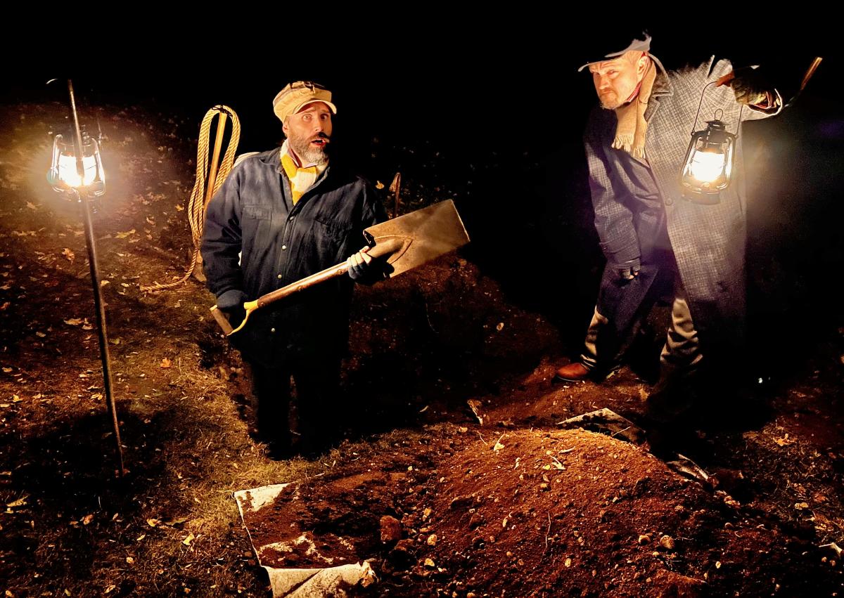 Two grave diggers at Forest Home Cemetery's Spirits of the Silent City event