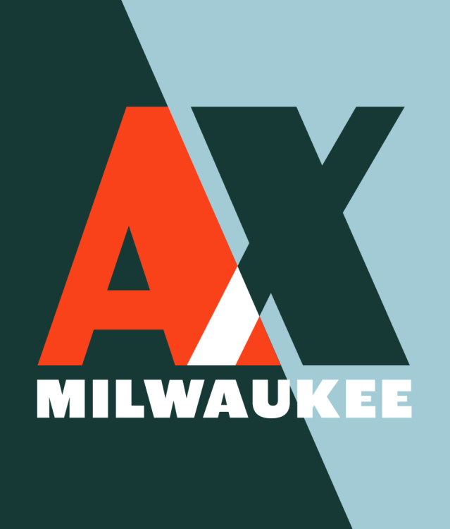 AX Milwaukee logo on a green and blue split background