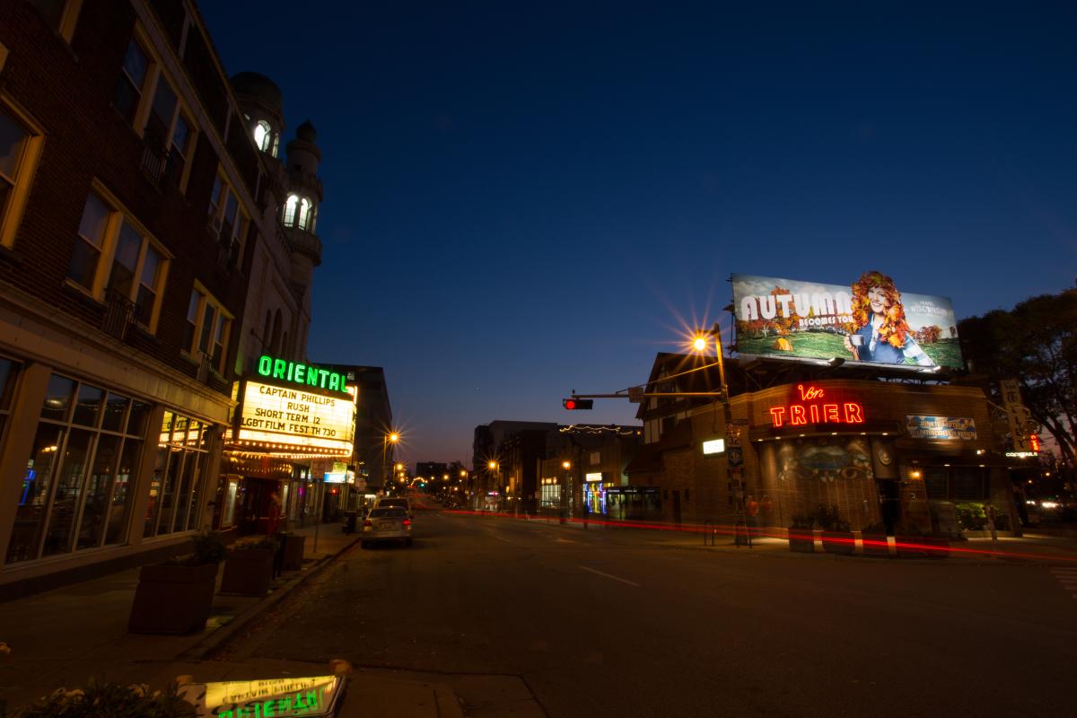 Exterior of the Oriental Theater and Von Trier at night.