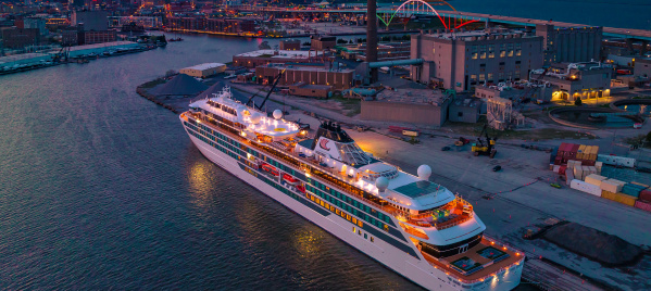 Octantis Cruise Ship coming into Milwaukee at night