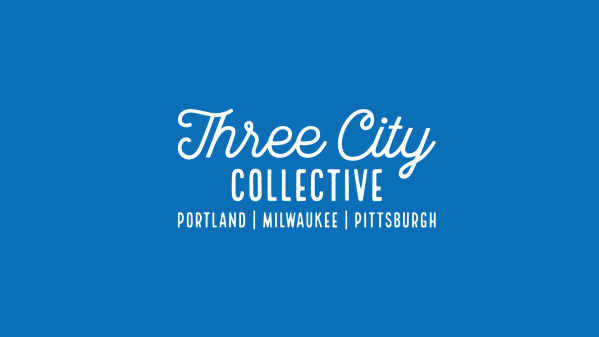 white "Three City Collective" logo on blue background; text reads: Three City Collective Portland | Milwaukee | Pittsburgh