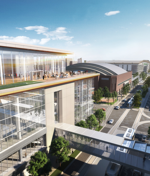 a rendering of the expanded Baird Center highlighting the outdoor terrace and skywalk looking north