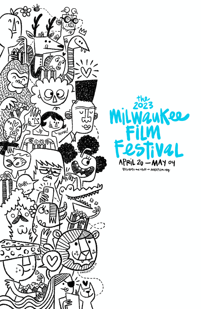 Milwaukee Film Fest 2023 graphic featuring a wide variety of characters on one side and the words "The Milwaukee Film Festival" on the other.