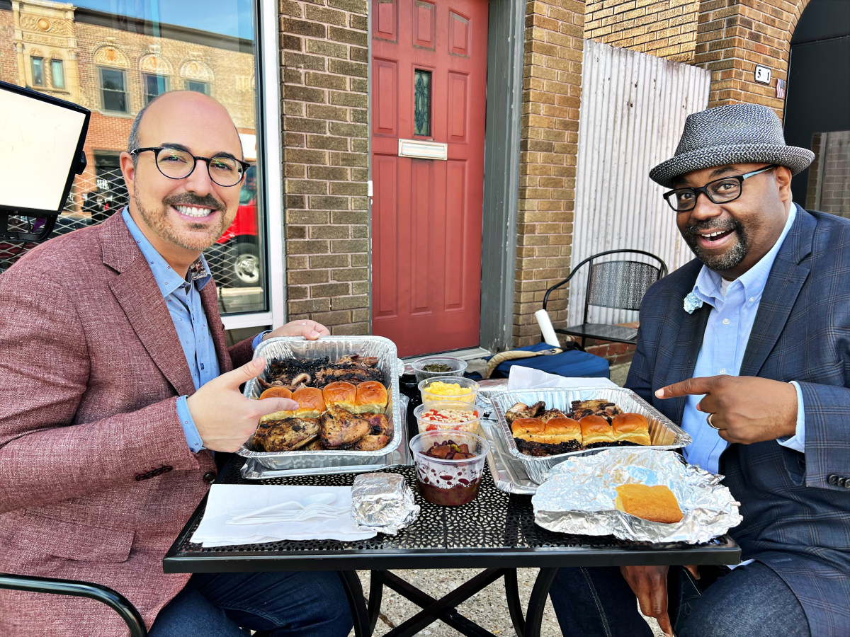 Judge Derek Mosely and David Caruso during Good Things Brewing video shoot at Heaven's Table BBQ